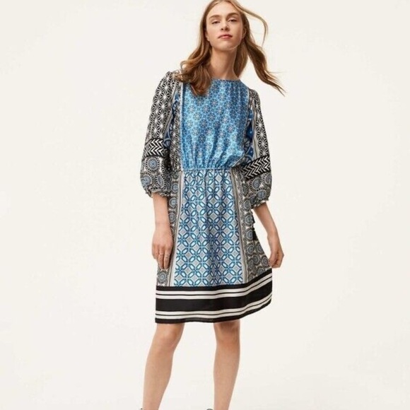 Loft Midi Dress Women MT Blue Black White Floral Geo Tie Fringe Knee Length New - Picture 1 of 8